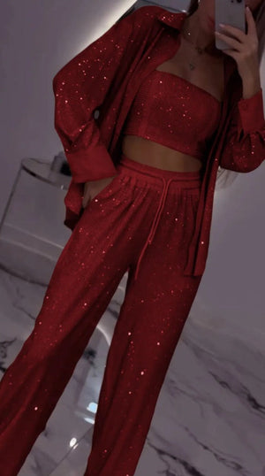 Paillettenblazer en wijde broek voor dames (3-delige set)