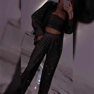 Paillettenblazer en wijde broek voor dames (3-delige set)