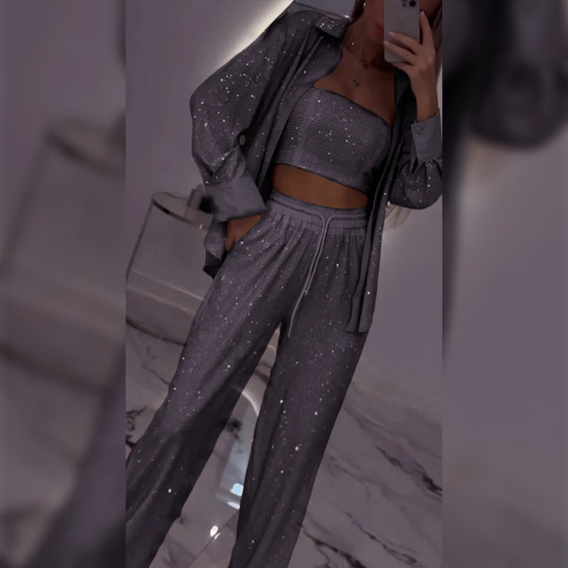 Paillettenblazer en wijde broek voor dames (3-delige set)