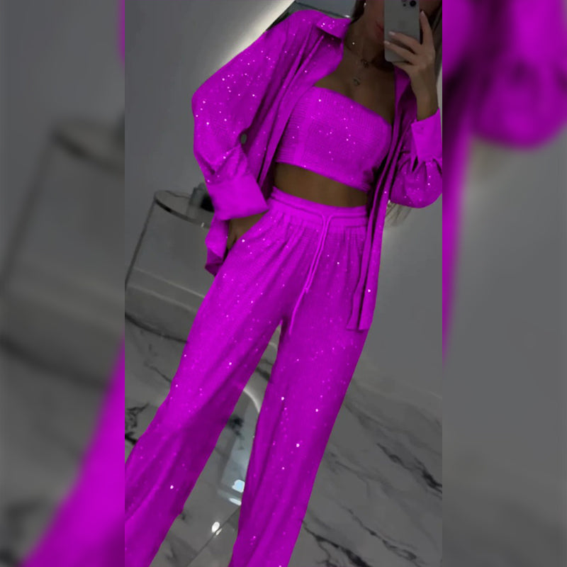 Paillettenblazer en wijde broek voor dames (3-delige set)